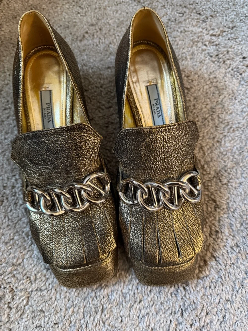Prada Metallic Gold Chain-Accent Loafers - Picture 1 of 3